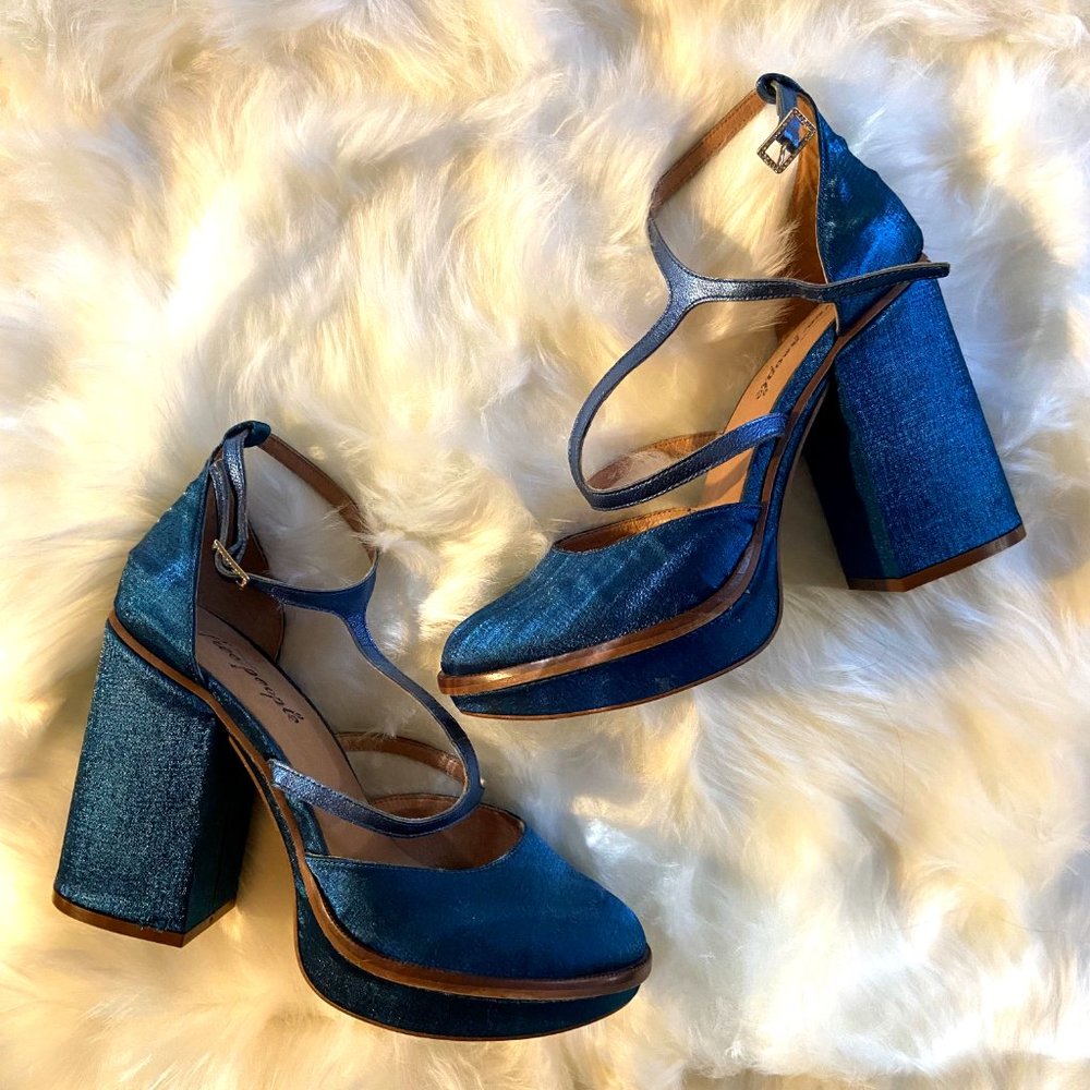 Free People Wythe Platform blue metallic heels